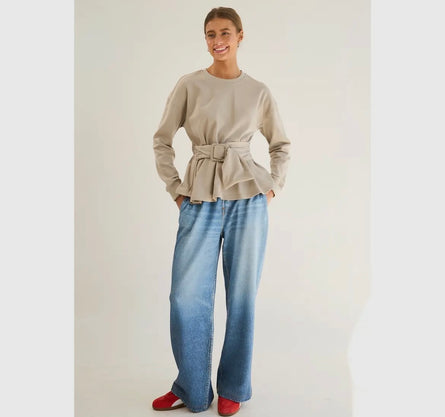 Up lifted, belted peplum sweatshirt