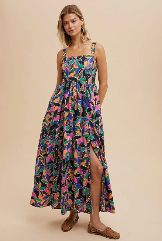 Midnight Garden Colorburst Floral Boho Midi Dress