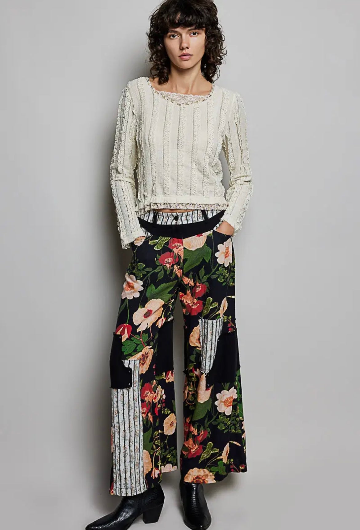 POL, Floral mixed media pants