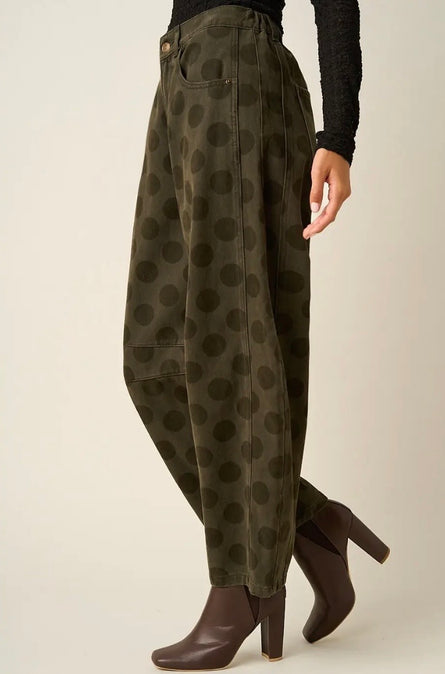 Olive Polka Dot Cotton Denim Barrel Leg Pants