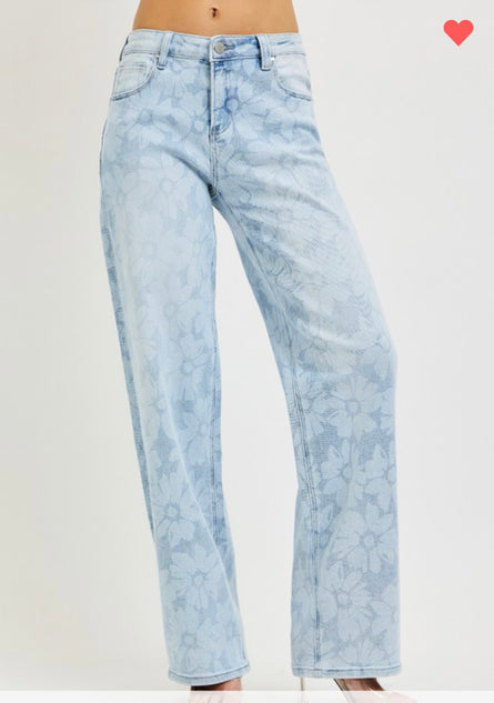 Blue Bloom Wide Leg Floral Denim Jeans – High Rise Statement Spring Jeans