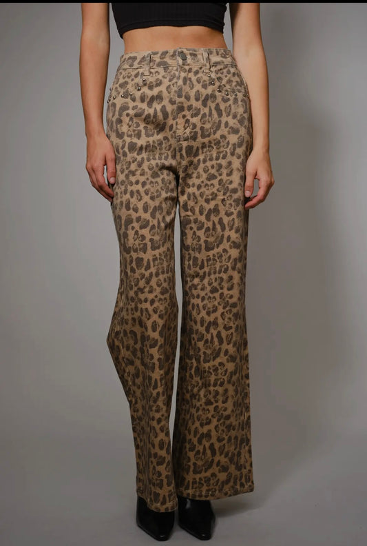 Wild Side, Stud Embellished leopard print flared leg pants