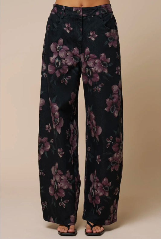 Charcoal Floral Print Barrel Leg Jeans
