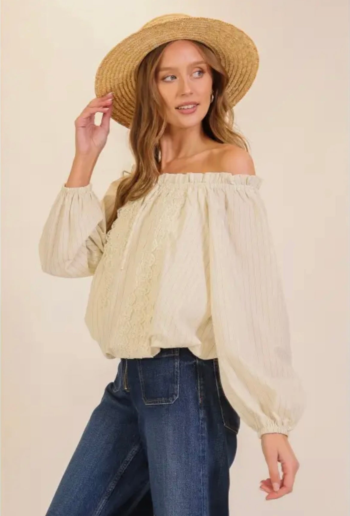 Women’s Ivory Off Shoulder Smocked Lace Blouse