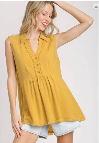 Boho Frayed Babydoll Tank Top – Sleeveless Collared Button Front Blouse