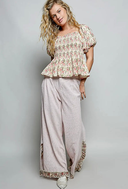 POL Blush Pinstripe Wide Leg Pants | Floral Trim Boho Palazzo Pants