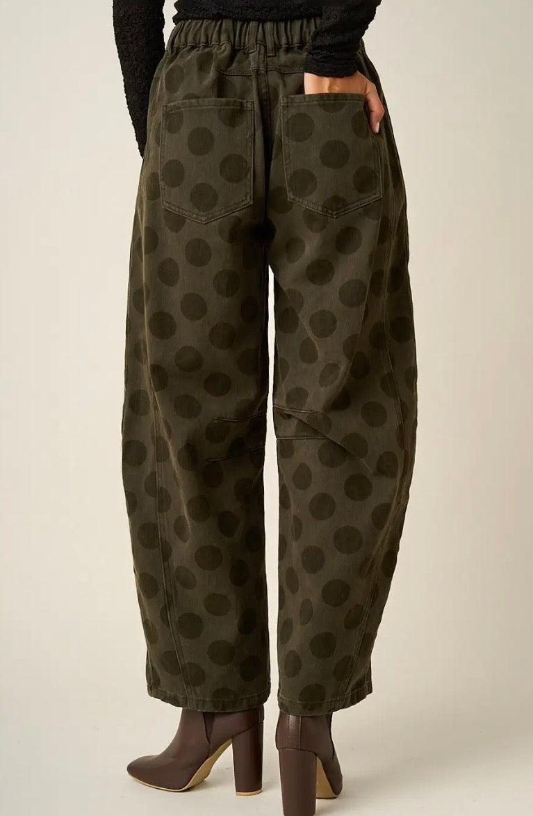 Olive Polka Dot Cotton Denim Barrel Leg Pants