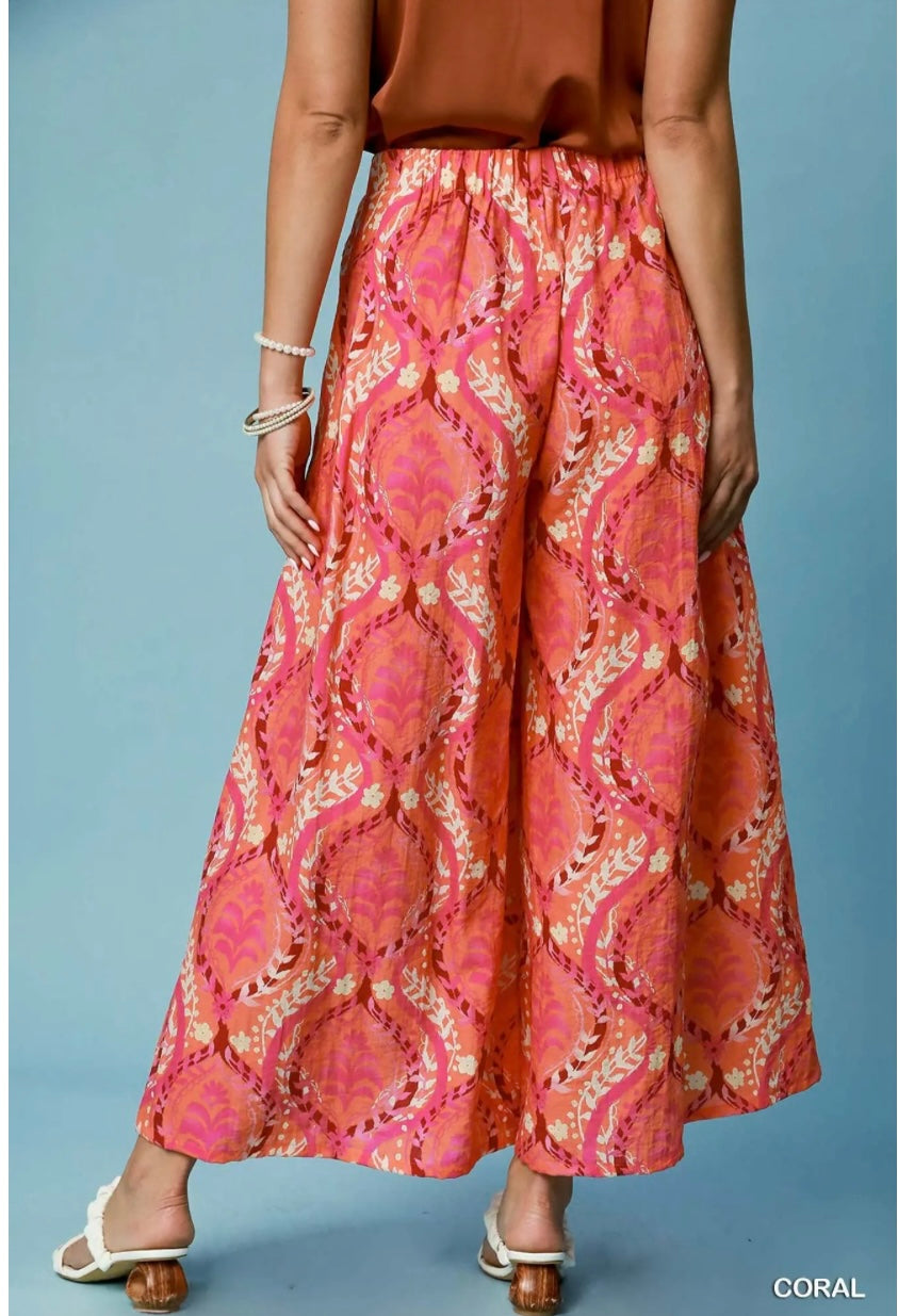 Boho Coral Paisley Wide Leg Palazzo Pants | Lightweight Resort Style Pants