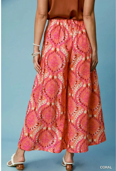 Boho Coral Paisley Wide Leg Palazzo Pants | Lightweight Resort Style Pants