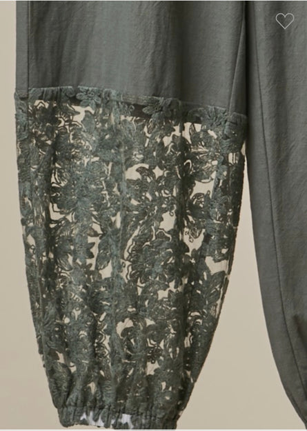 Lace Accent Patchwork Crochet Harem Jogger Pants