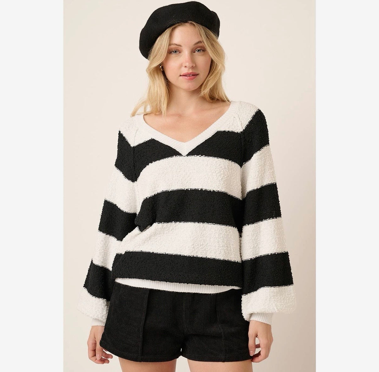 Black & Ivory Striped Textured V-Neck Sweater
