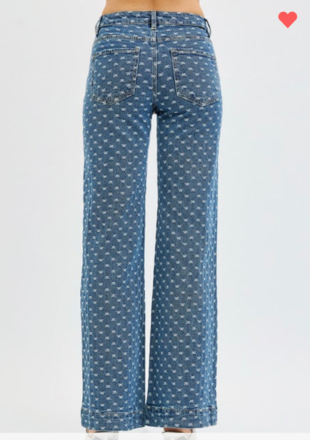 Ribbonette, Bow embroidered wide leg jean