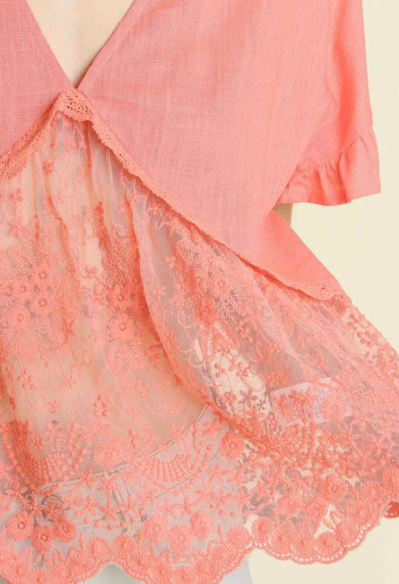 Coral Breeze Lace Detail Babydoll Top
