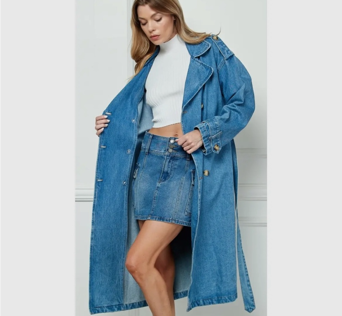 Denim trench coat with belt