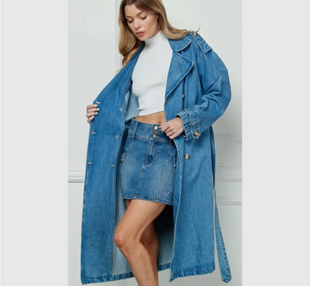 Denim trench coat with belt