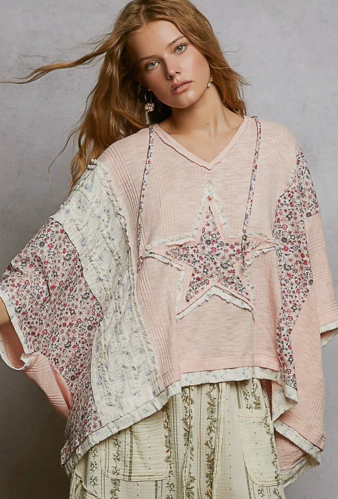 Starry Night, Lace contrast floral star patch knit top