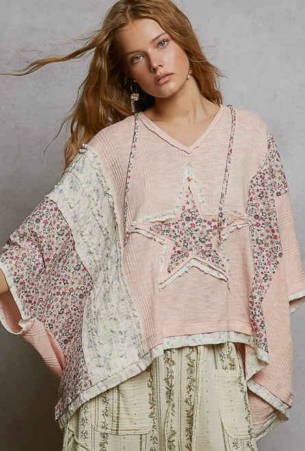 Starry Night, Lace contrast floral star patch knit top