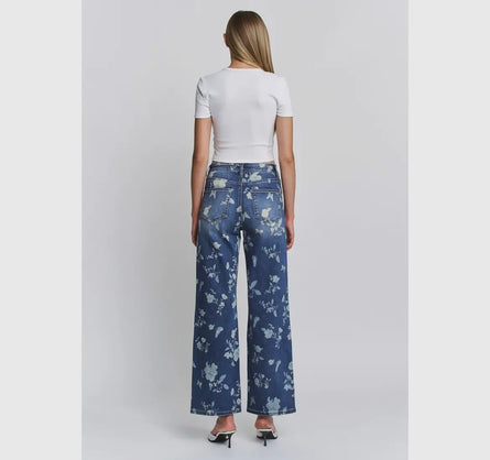 Floral Print Wide Leg Denim Jeans