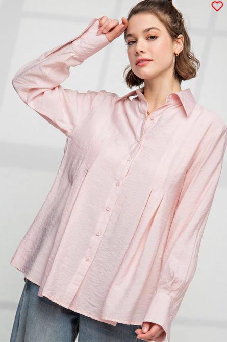 Blush Whisper Relaxed Button Down Blouse – Soft Flowing Collared Top