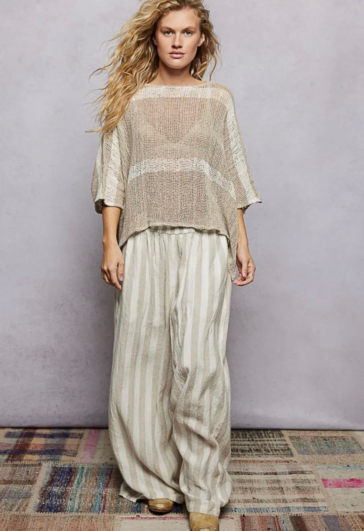 POL, striped round neck crochet top
