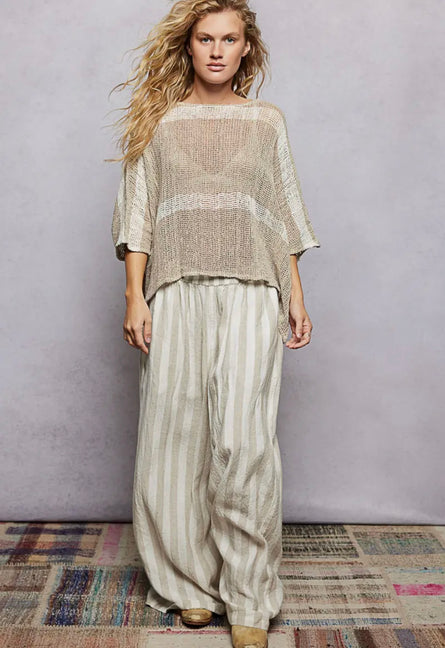 POL, striped round neck crochet top