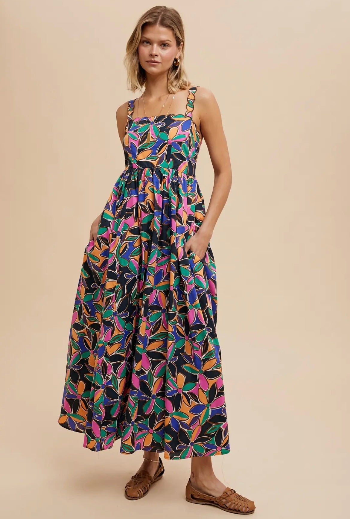 Midnight Garden Colorburst Floral Boho Midi Dress