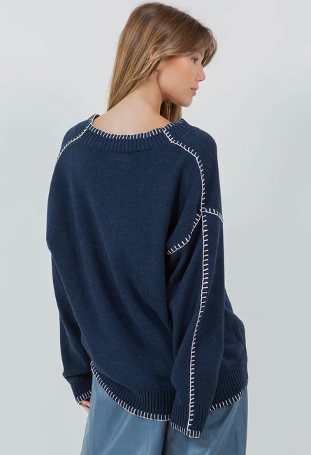 Whipstich, contrast blanket stitched navy sweater