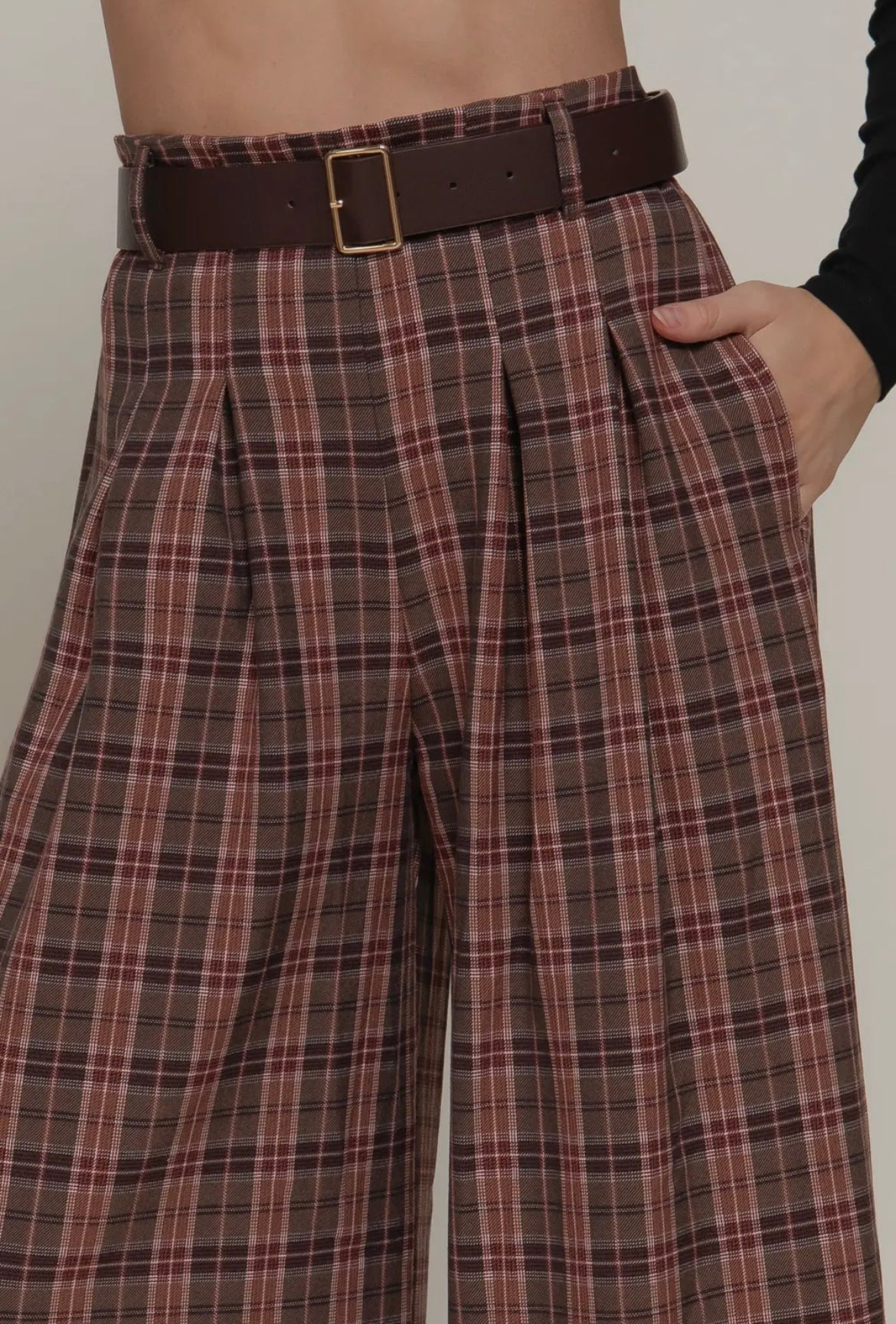 Plaid about you, Belted wide leg palazzo pant
