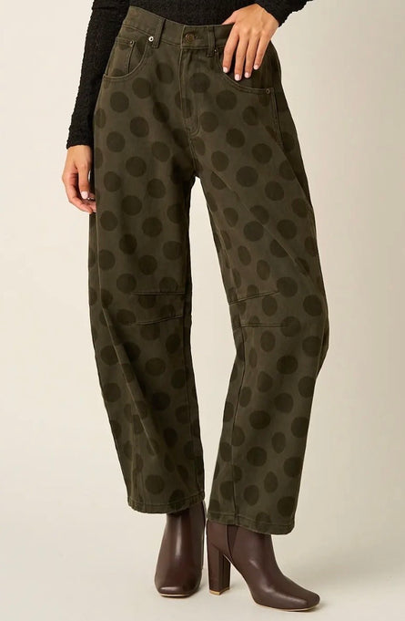 Olive Polka Dot Cotton Denim Barrel Leg Pants
