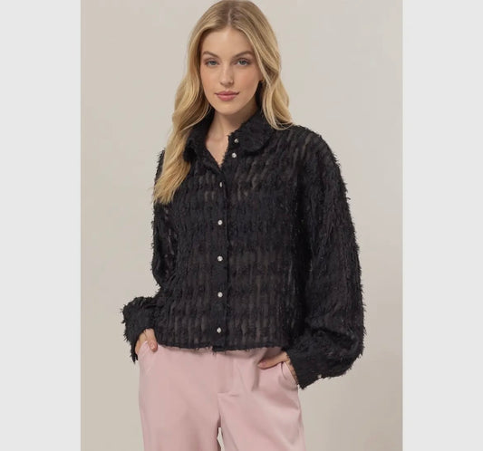 Katelyn, textured sheer sparkle button blouse