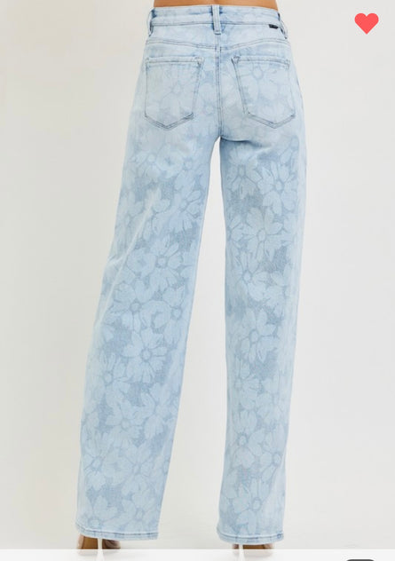 Blue Bloom Wide Leg Floral Denim Jeans – High Rise Statement Spring Jeans