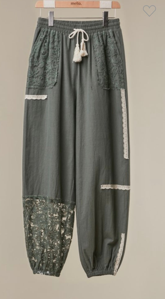 Lace Accent Patchwork Crochet Harem Jogger Pants