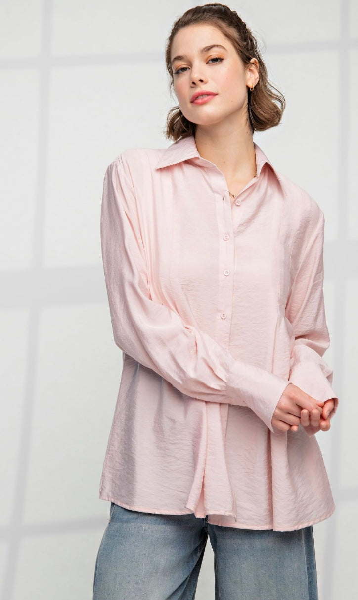 Blush Whisper Relaxed Button Down Blouse – Soft Flowing Collared Top