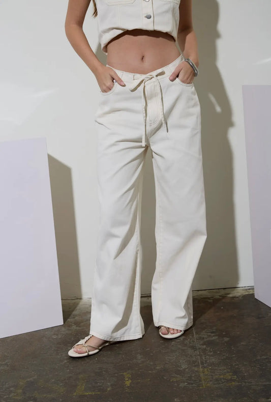 Coastal Breeze Drawstring Wide Leg Ivory Denim Pants