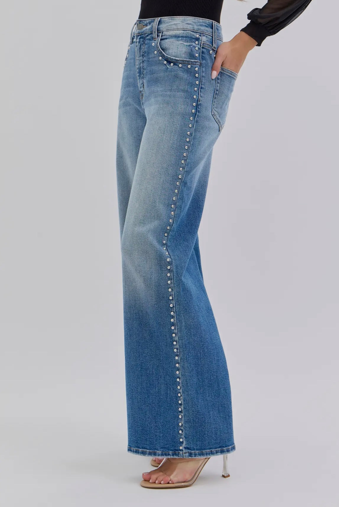 The Stud, Embellished stud detail wide leg jeans