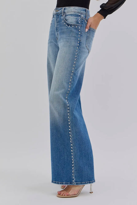 The Stud, Embellished stud detail wide leg jeans