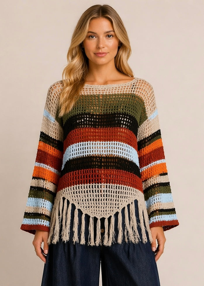 Boho Crochet Fringe Sweater – Lightweight Striped Open Knit Top