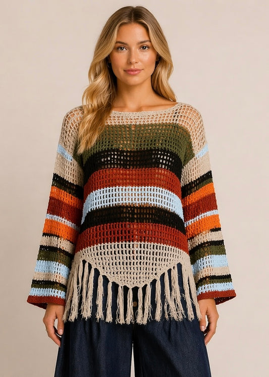 Boho Crochet Fringe Sweater – Lightweight Striped Open Knit Top