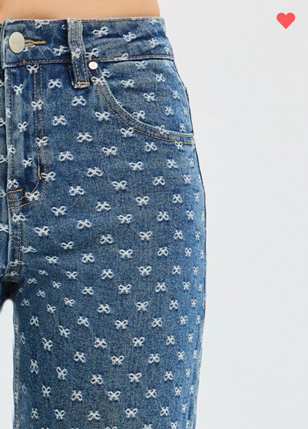 Ribbonette, Bow embroidered wide leg jean