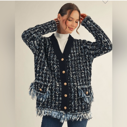The fifth avenue, tweed fringe cardigan