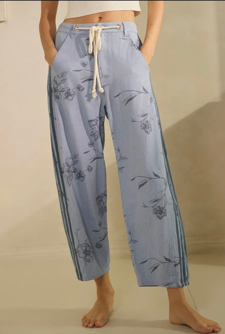 Daisy Floral Rope Drawstring Barrel Leg Pants