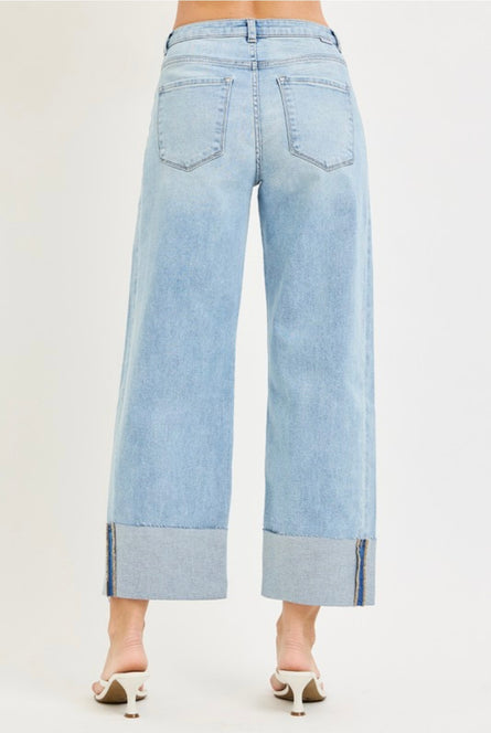 Risen, high-rise double button cuffed barrel jeans