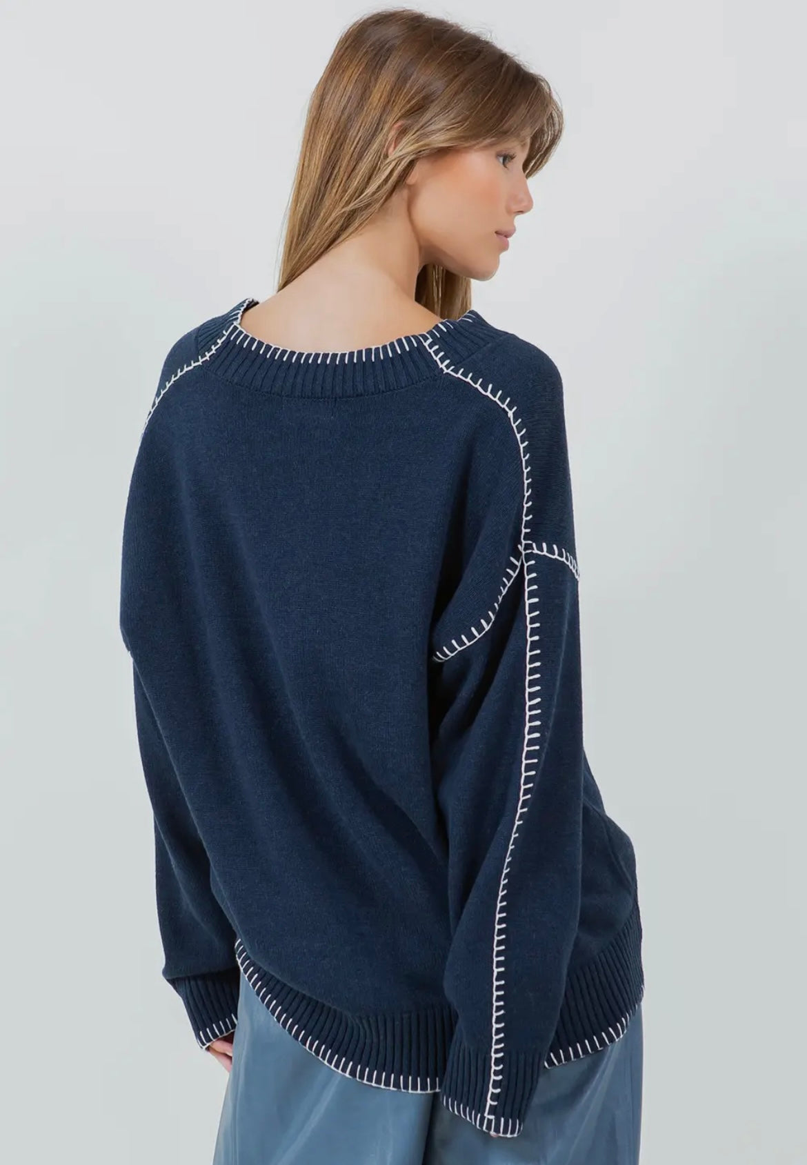Whipstich, contrast blanket stitched navy sweater