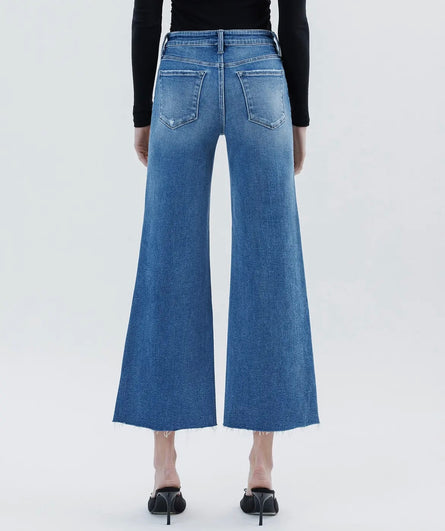 Harper, High rise raw hem ankle wide leg jeans