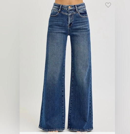Dallas, high rise yoke front wide leg jeans