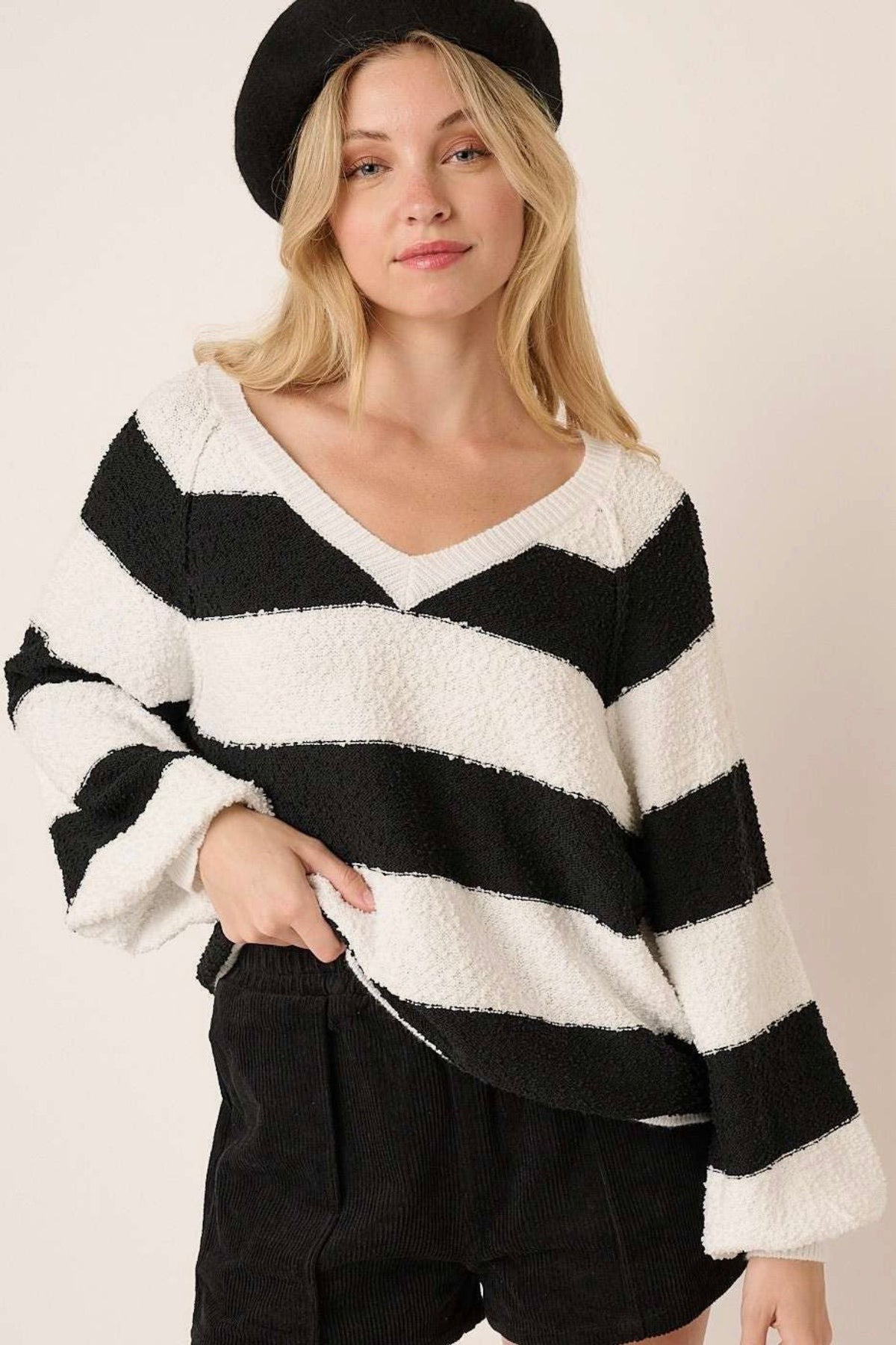 Black & Ivory Striped Textured V-Neck Sweater
