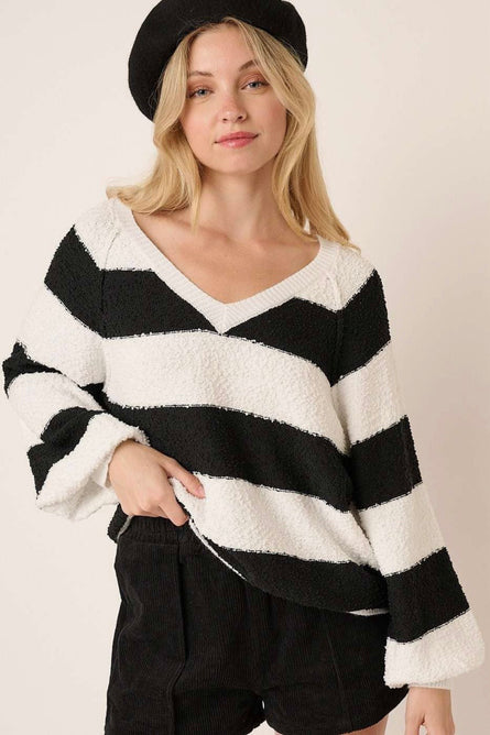 Black & Ivory Striped Textured V-Neck Sweater
