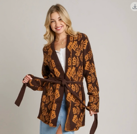 Autumn Ember, jacquard knit belted sweater