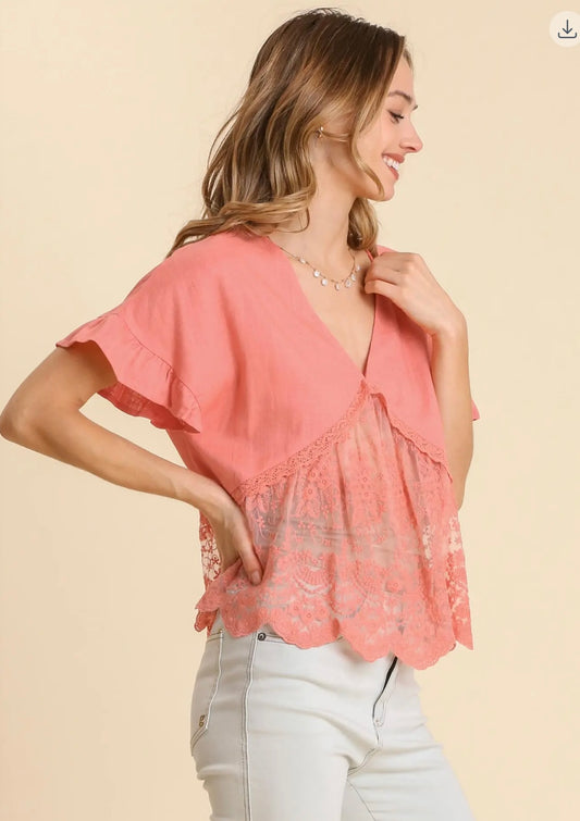 Coral Breeze Lace Detail Babydoll Top