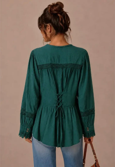 Emerald Lace Trim Button Blouse